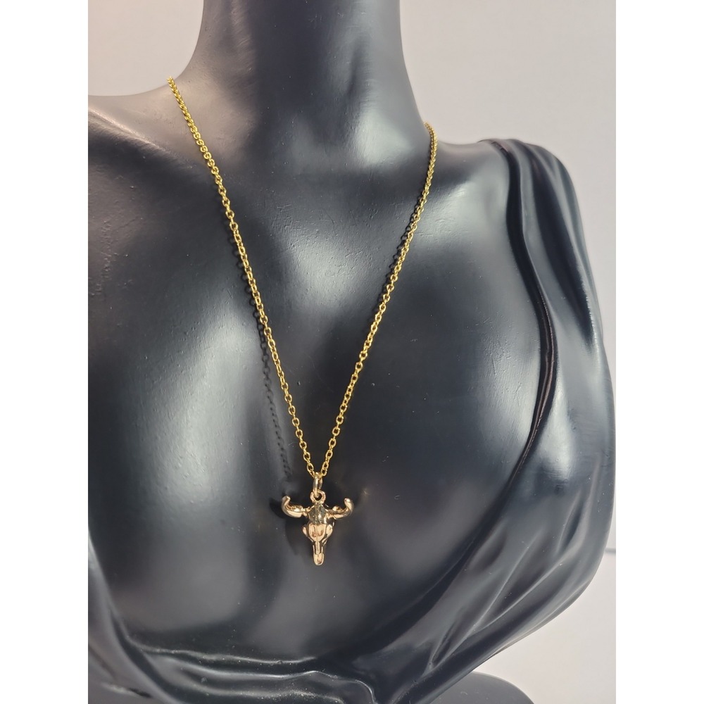 Gold Tone Bull Skull Longhorn Pendant Necklace Western Cowboy Boho